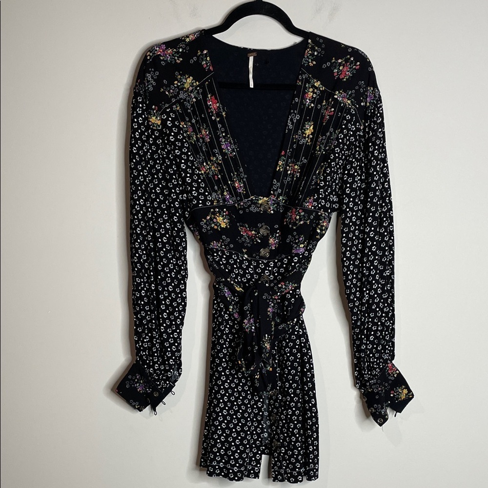 Free People | Women’s Wonderland Black Floral Long Sleeve Dress Size Small - Picture 2 of 8